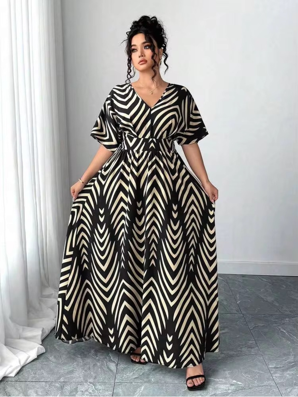 SHEIN Curve Geometric Zebra Print Faux Wrap Midi Dress 4XL
